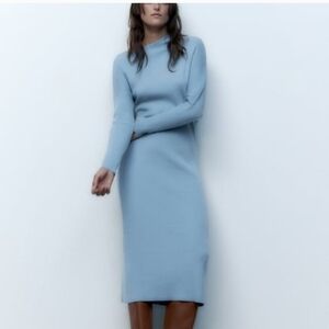 Zara Ribbed Asymetrical Long Sleeve Dress in Slate Blue M/L
